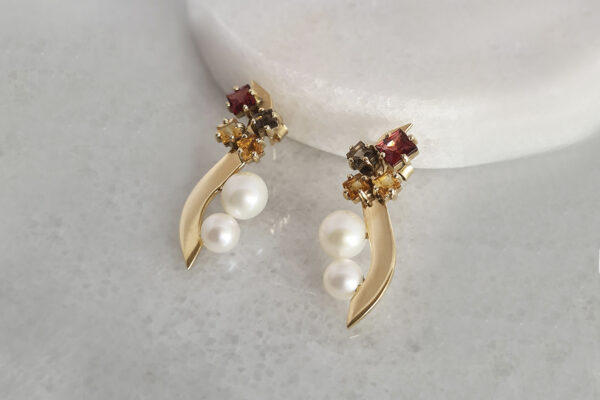 18k gold earrings; freshwater pearls, garnets, smoky quartz & citrines.